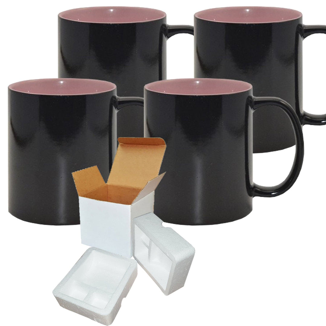 Color Changing Mug Set - 4 Pack (11oz) | Pink Inside | Individually Packaged in Foam Support Boxes.