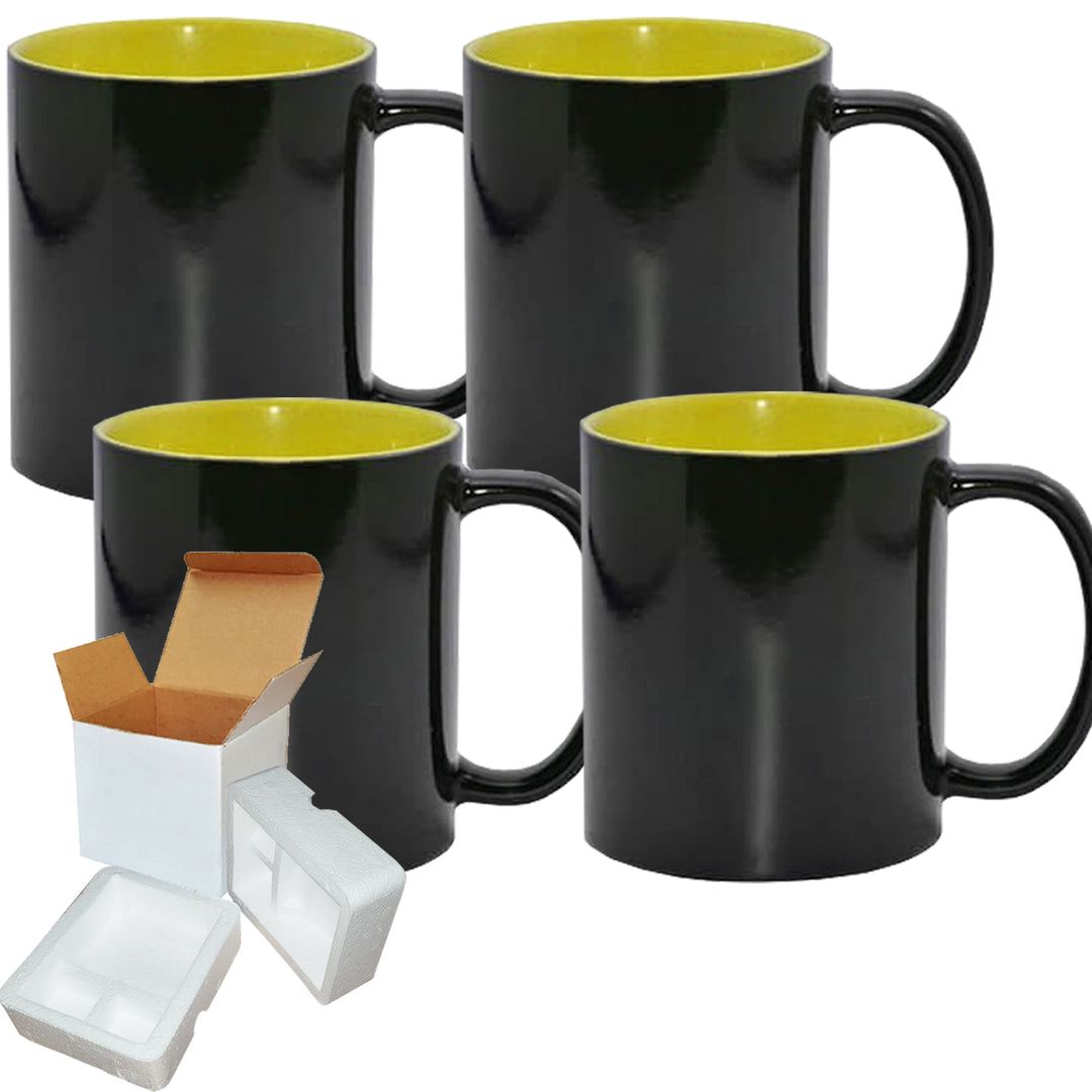 Color Changing Mug Set - 4 Pack (11oz) | Yellow Inside | Individually Packaged in Foam Support Boxes.