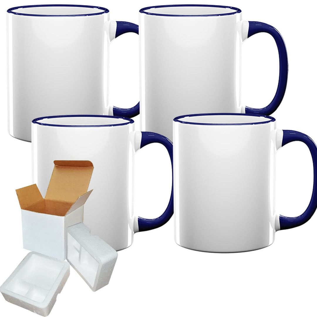 4 Pack (11oz) with Dark Blue Rim and Handle | Sublimation Mugs | Individual White Boxes.