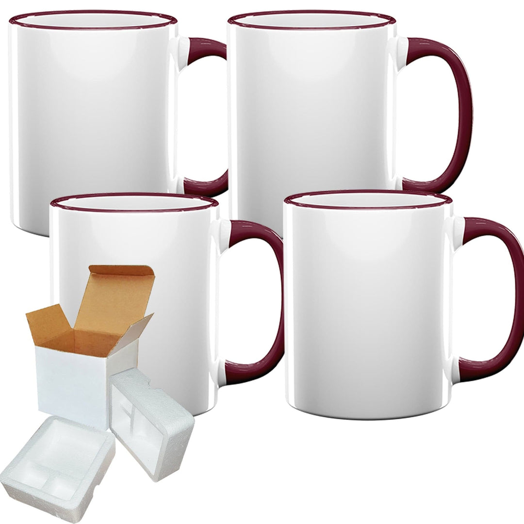Dark Red Rim Sublimation Mugs - 4 Pack (11oz) with Individual White Boxes.