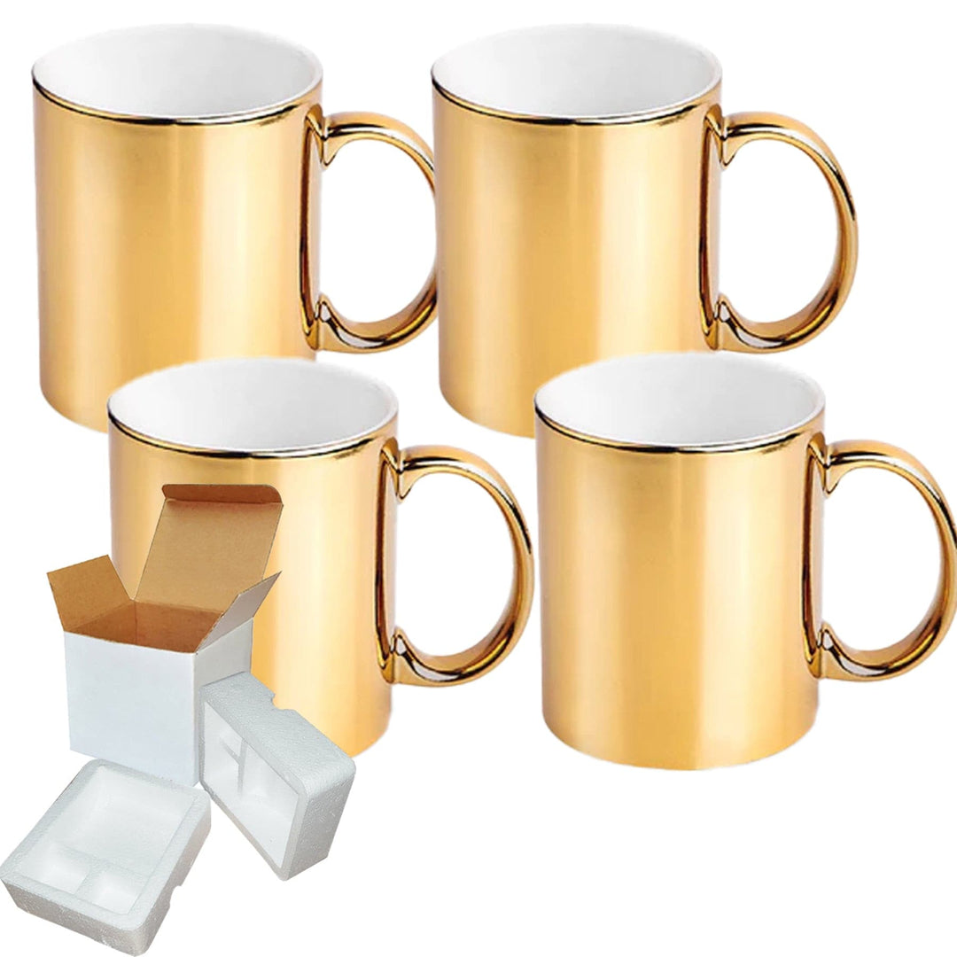 Metallic Gold Sublimation Mugs - 4 Pack (11oz) | Professional-Grade Sublimation Mug | Individually Packaged in Foam Boxes.