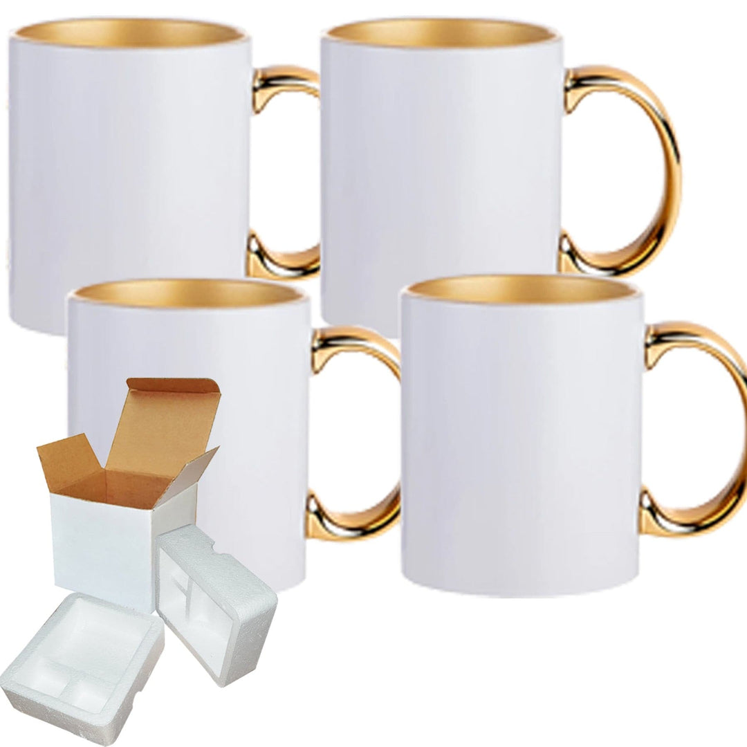 Gold Inner and Handle Sublimation Mugs - 4 Pack (11oz) | Included Foam Mug Shipping Boxes.