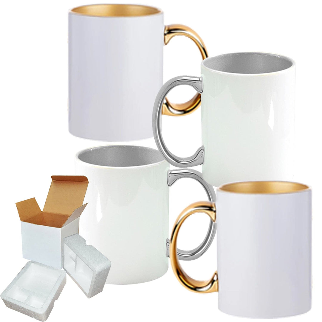 4-Pack 11oz Silver & Gold Inner Handle Ceramic Sublimation Mugs | Professional Grade | Foam Shipping Boxes Included.