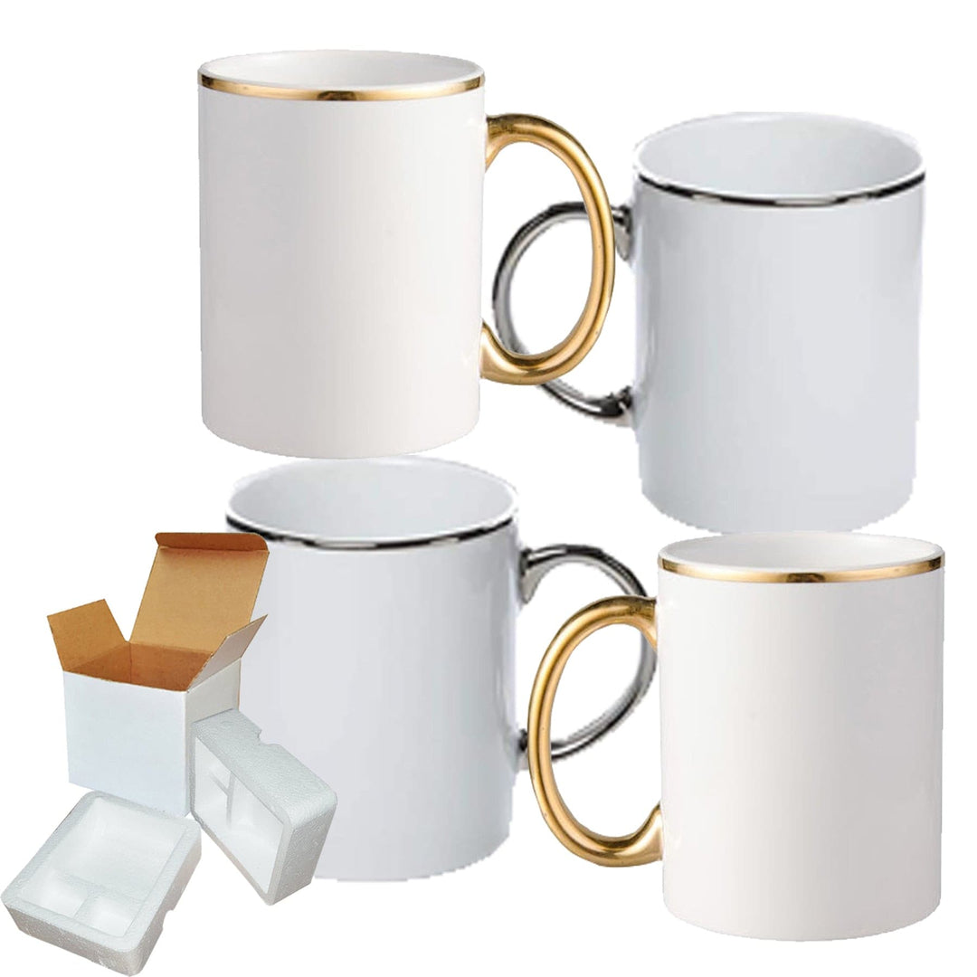 Silver & Gold Rim Handle Sublimation Mugs - 4 Pack (11oz) | Foam Shipping Box Included.