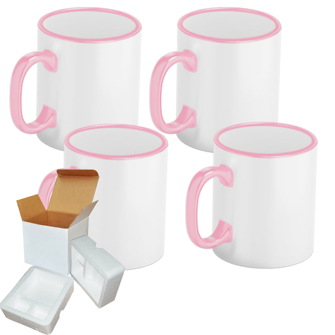 4-Pack of 11oz Pink Rim & Handle Sublimation Mugs | Foam Support Mug Shipping Boxes Included.