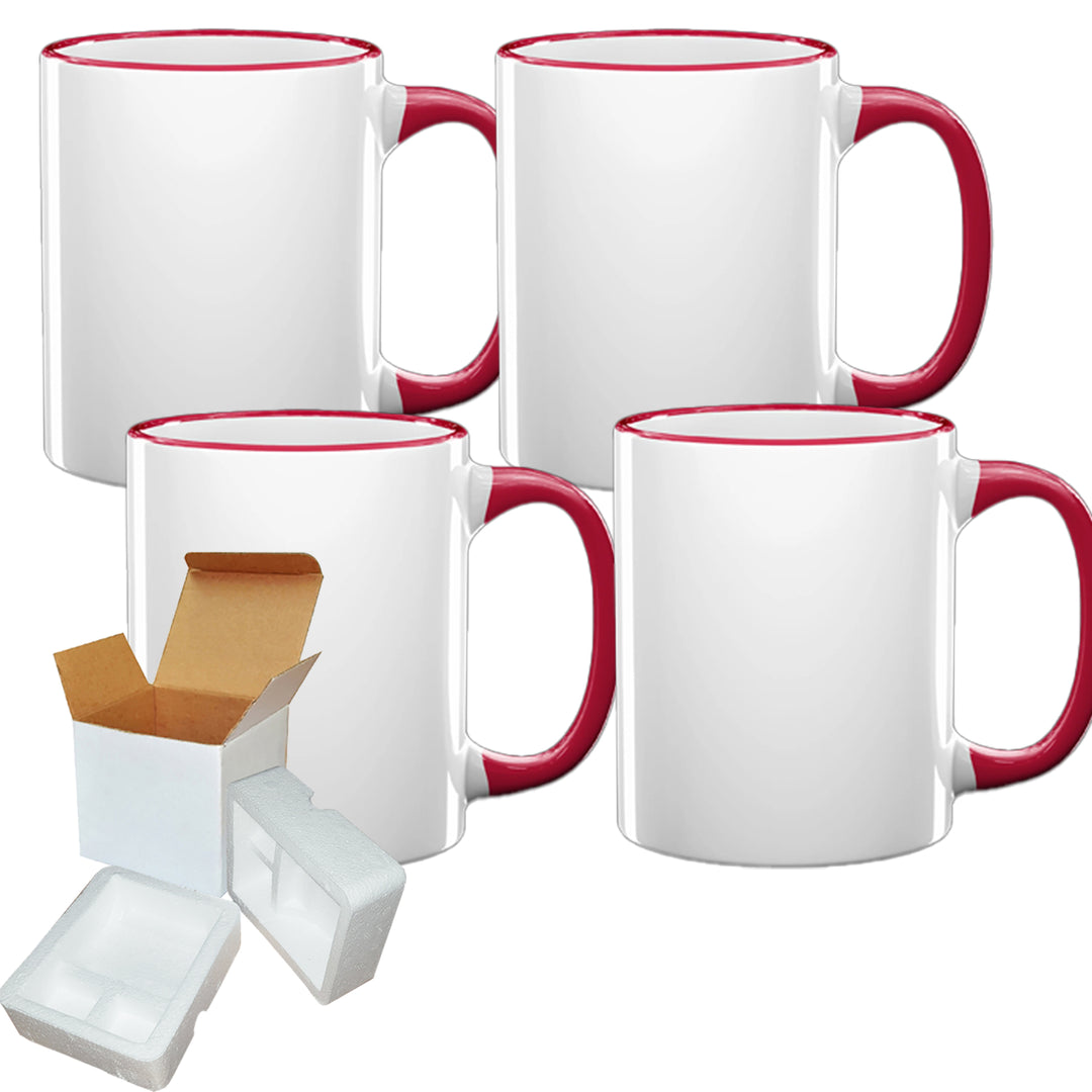 4-Pack 11oz Red Rim Handle Sublimation Mugs with Foam Shipping Box.