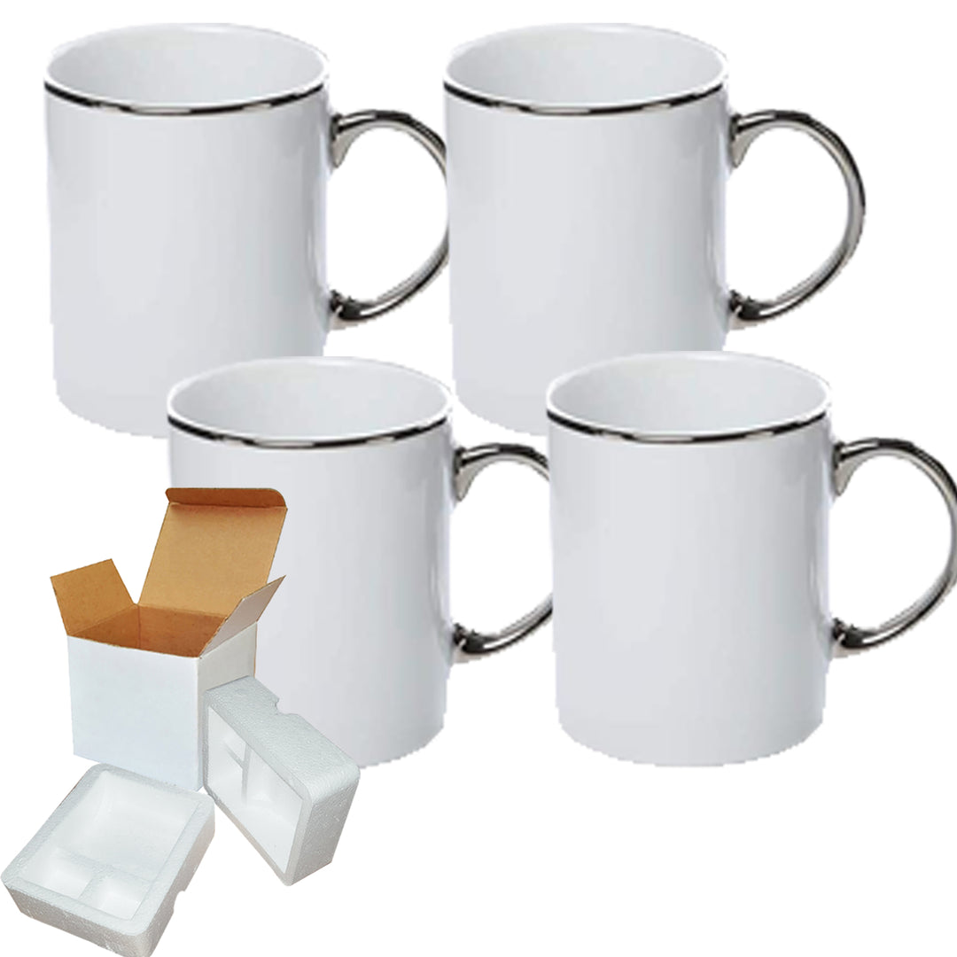 4-Pack 11 oz Silver Rim Sublimation Mugs with Foam Mug Shipping Box.