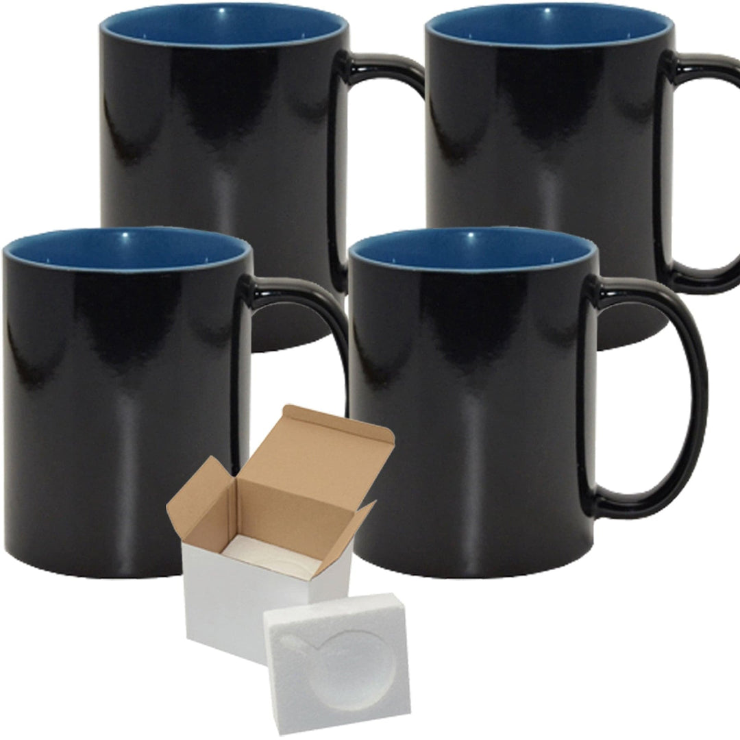 Color Changing Mug Set - 4 Pack (15oz) with Blue Interior | Individually Packaged in Foam Support Boxes.