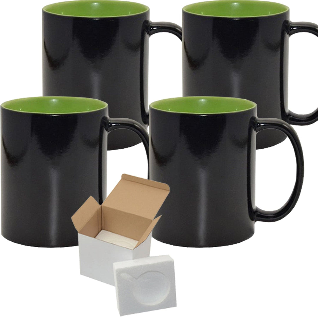 Sublimation Color Changing Mug Set - 4 Pack (15oz) | Green Interior | Heat Sensitive Mugs | Individually Packaged | Foam Support Boxes.