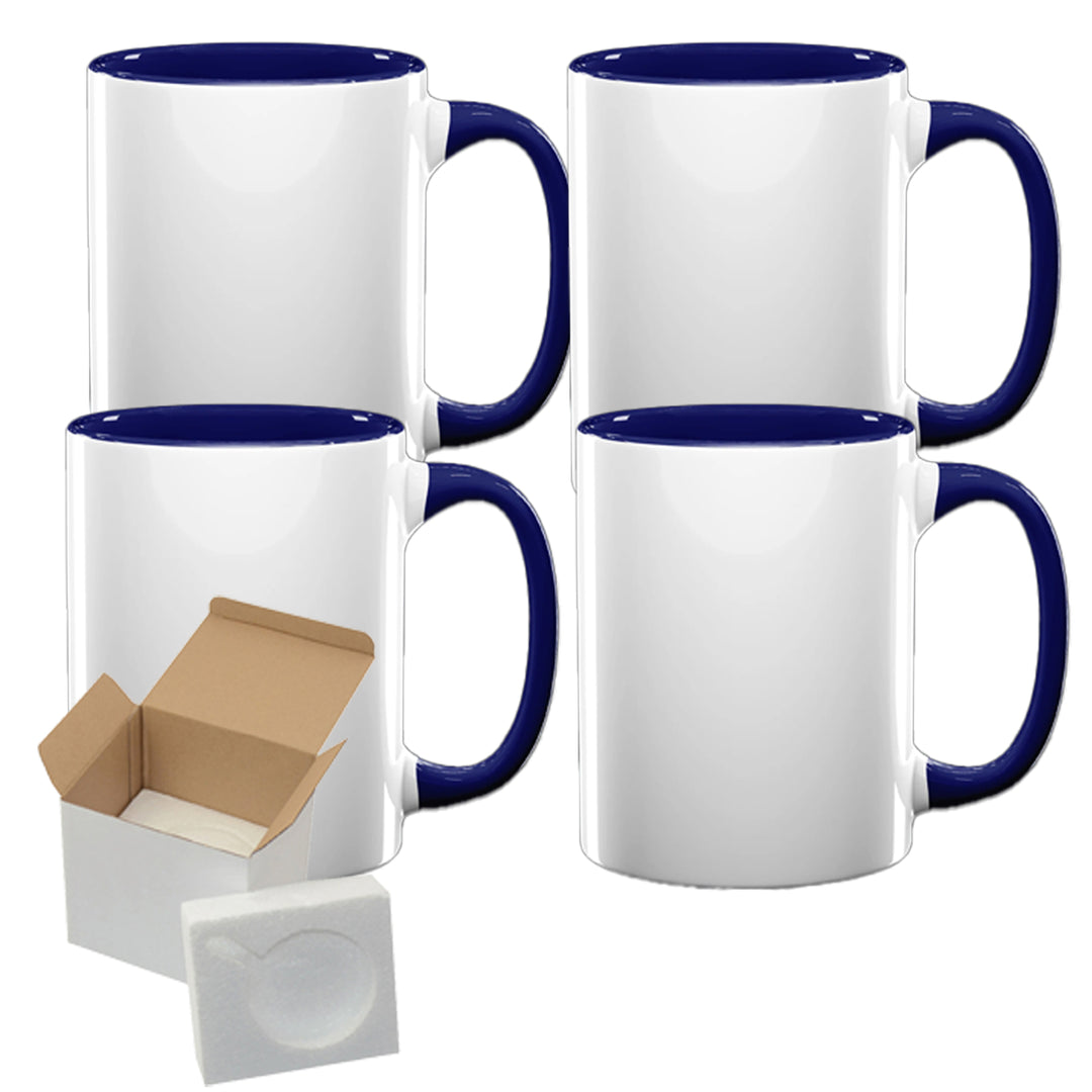 4-Pack 15oz El Grande Dark Blue Inside & Handle Sublimation Mugs | Includes Foam Support Mug Shipping Boxes.
