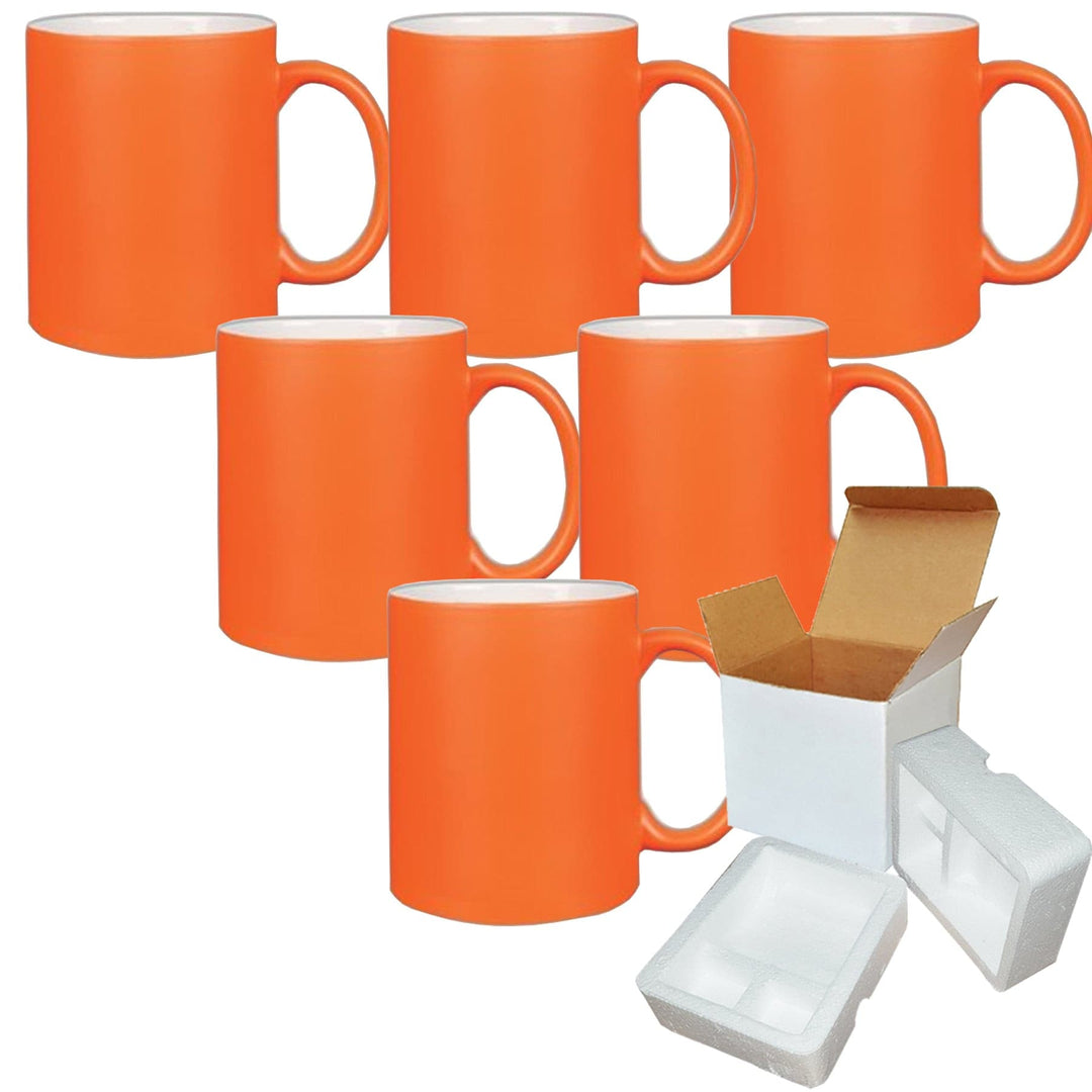 6-Pack of 11oz Orange Fluorescent Neon Sublimation Mugs with Foam Supports and Mug Shipping Boxes.