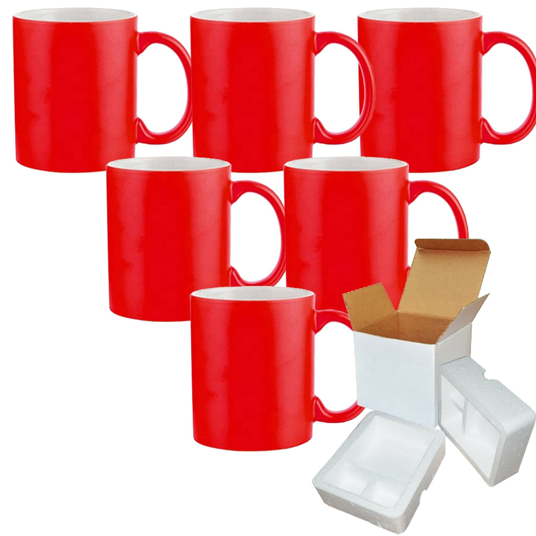 6-Pack of 11oz Red Fluorescent Neon Sublimation Mugs with Foam Support and Shipping Boxes.