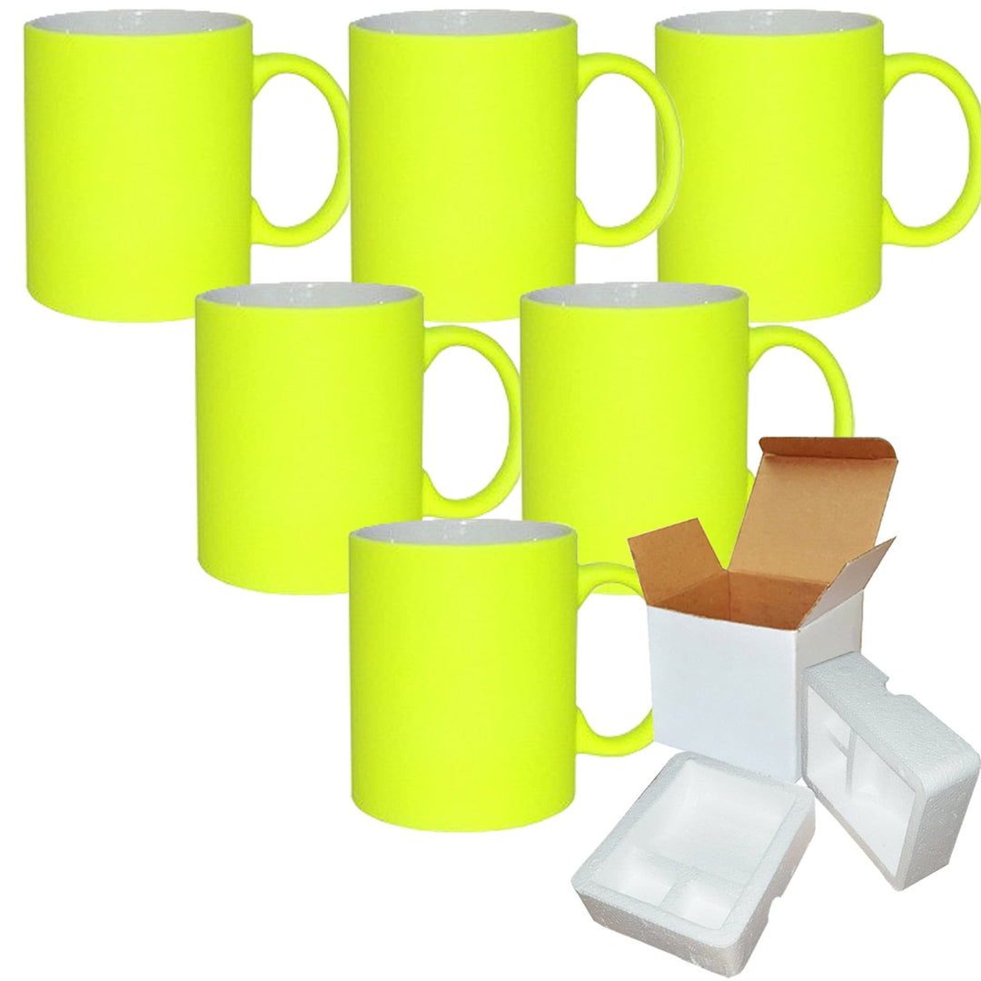 6-Pack of 11oz Yellow Fluorescent Neon Sublimation Mugs with Foam Support and Shipping Boxes.