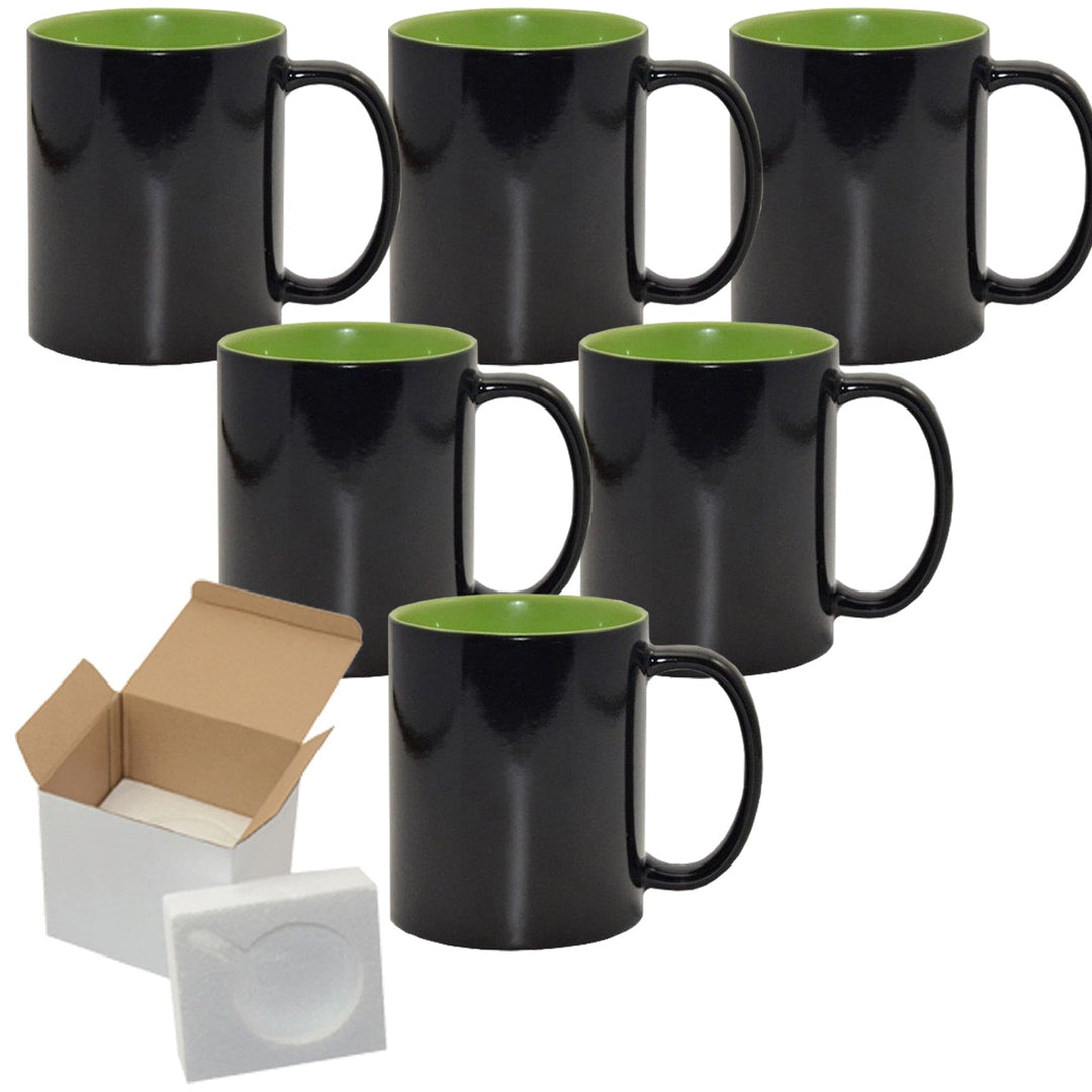 Sublimation Color Changing Mug Set - 6 Pack (15oz) | Green Interior | Heat Sensitive Mugs | Individually Packaged | Foam Support Boxes.