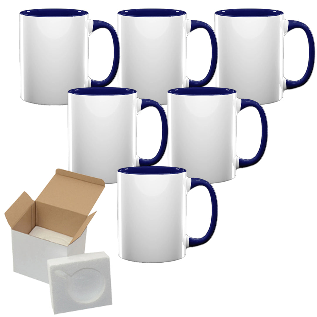 6-Pack 15oz El Grande Dark Blue Inside & Handle Sublimation Mugs | Includes Foam Support Mug Shipping Boxes.