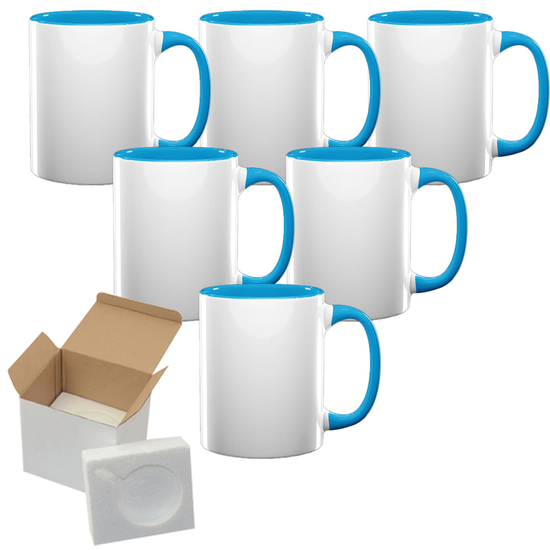 6-Pack of 15 oz El Grande Light Blue Inside & Handle Sublimation Mugs with Foam Support Mug Shipping Boxes.