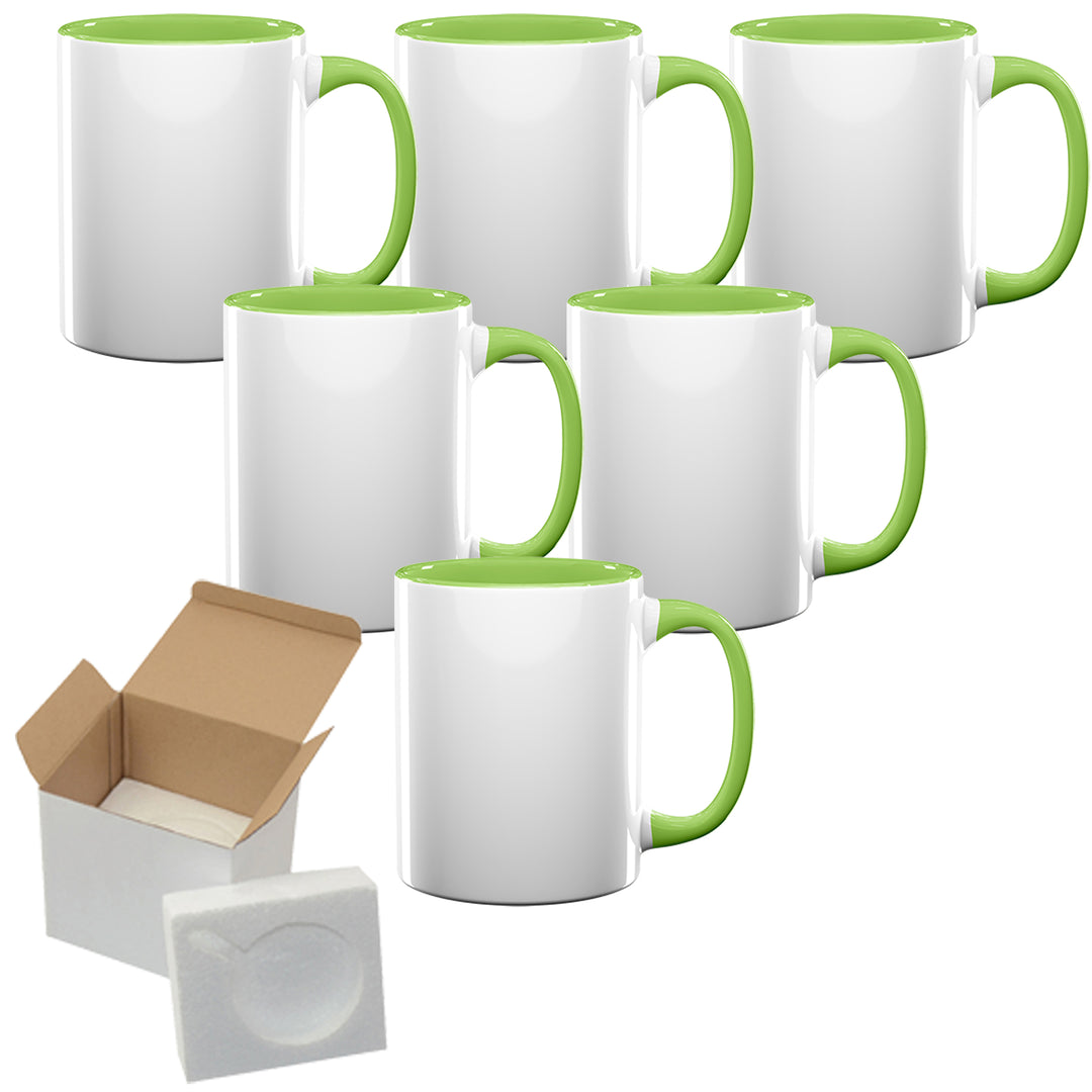 Set of 6 15OZ El Grande Light Green Inside & Handle Sublimation Mugs with Foam Support Mug Shipping Boxes".