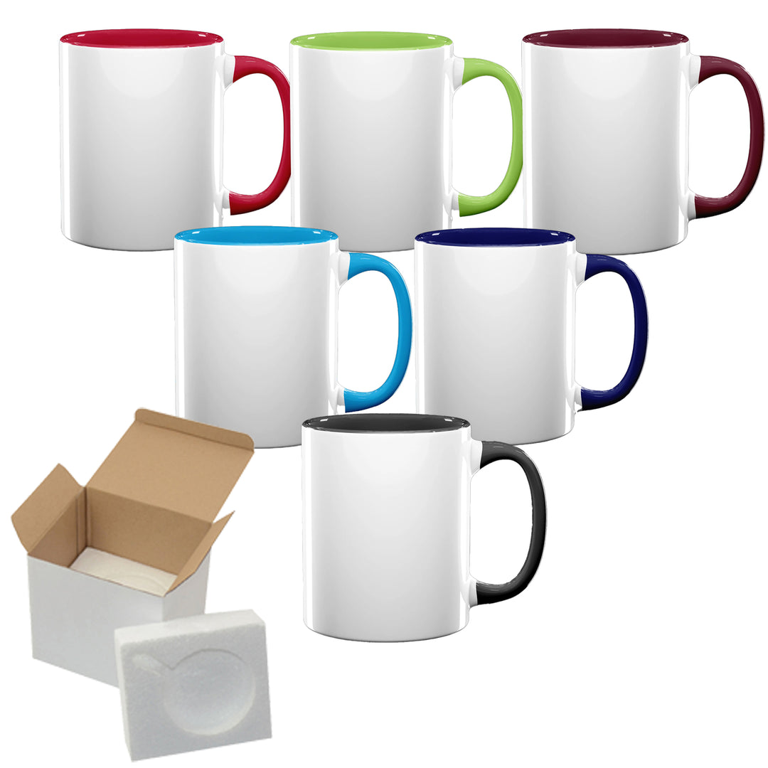 6-Pack of 15 oz El Grande Sublimation Mugs with Mixed Color Inner & Handle, Complete with Foam Support Mug Shipping Boxes.