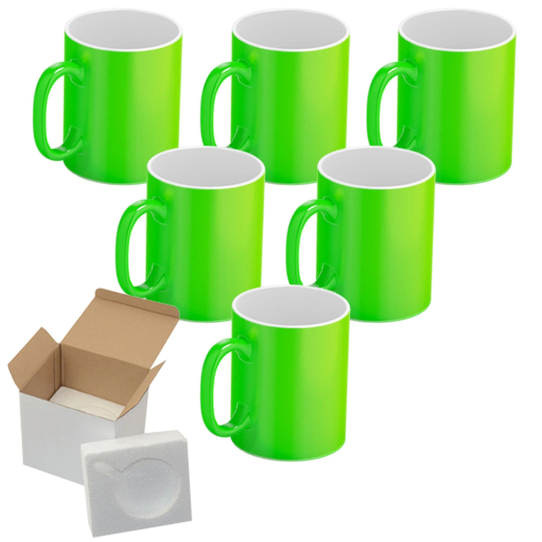 6-Pack 15oz Green Fluorescent Neon Sublimation Mugs with Foam Shipping Boxes.