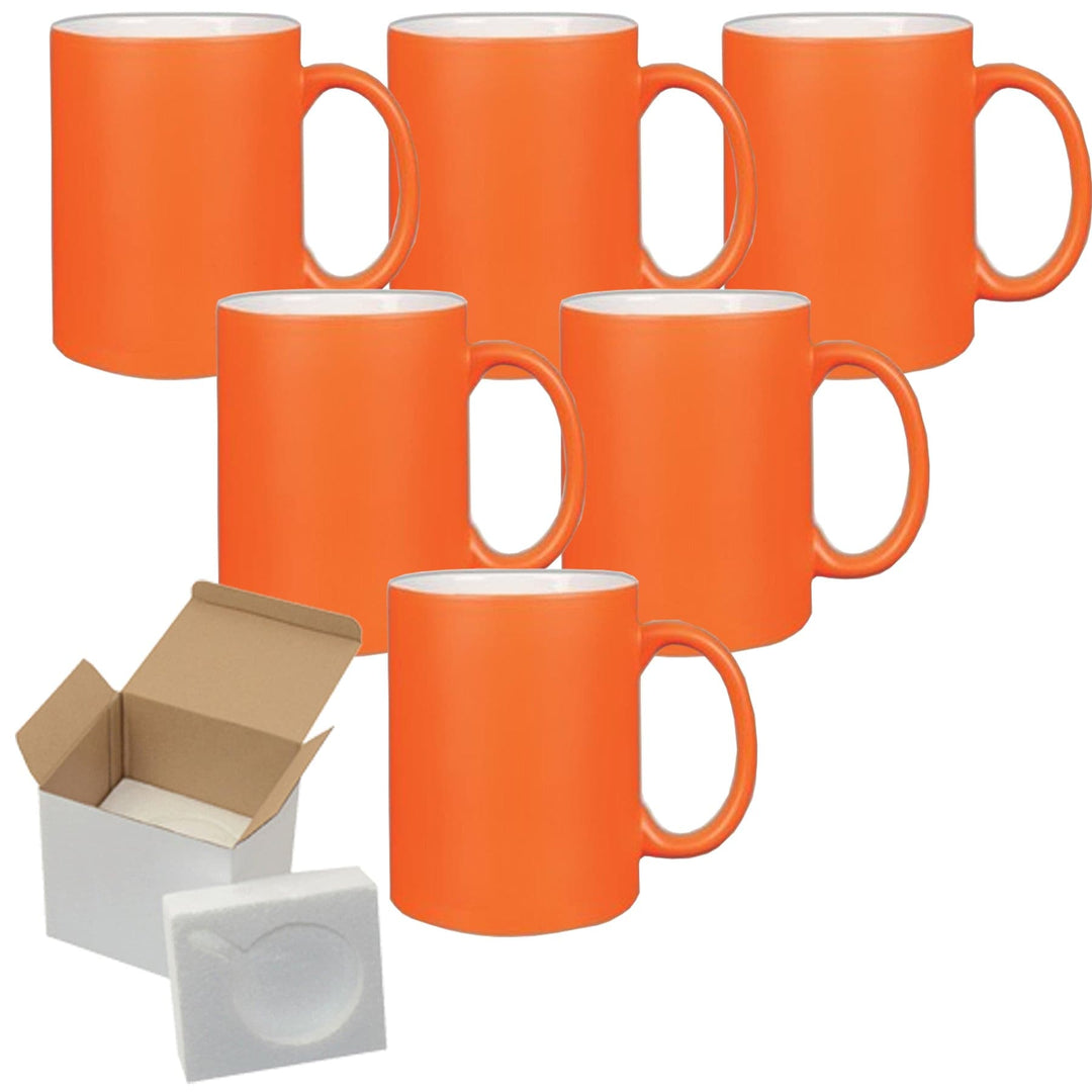 6-Pack 15oz Orange Fluorescent Neon Sublimation Mugs with Foam Mug Shipping Boxes.