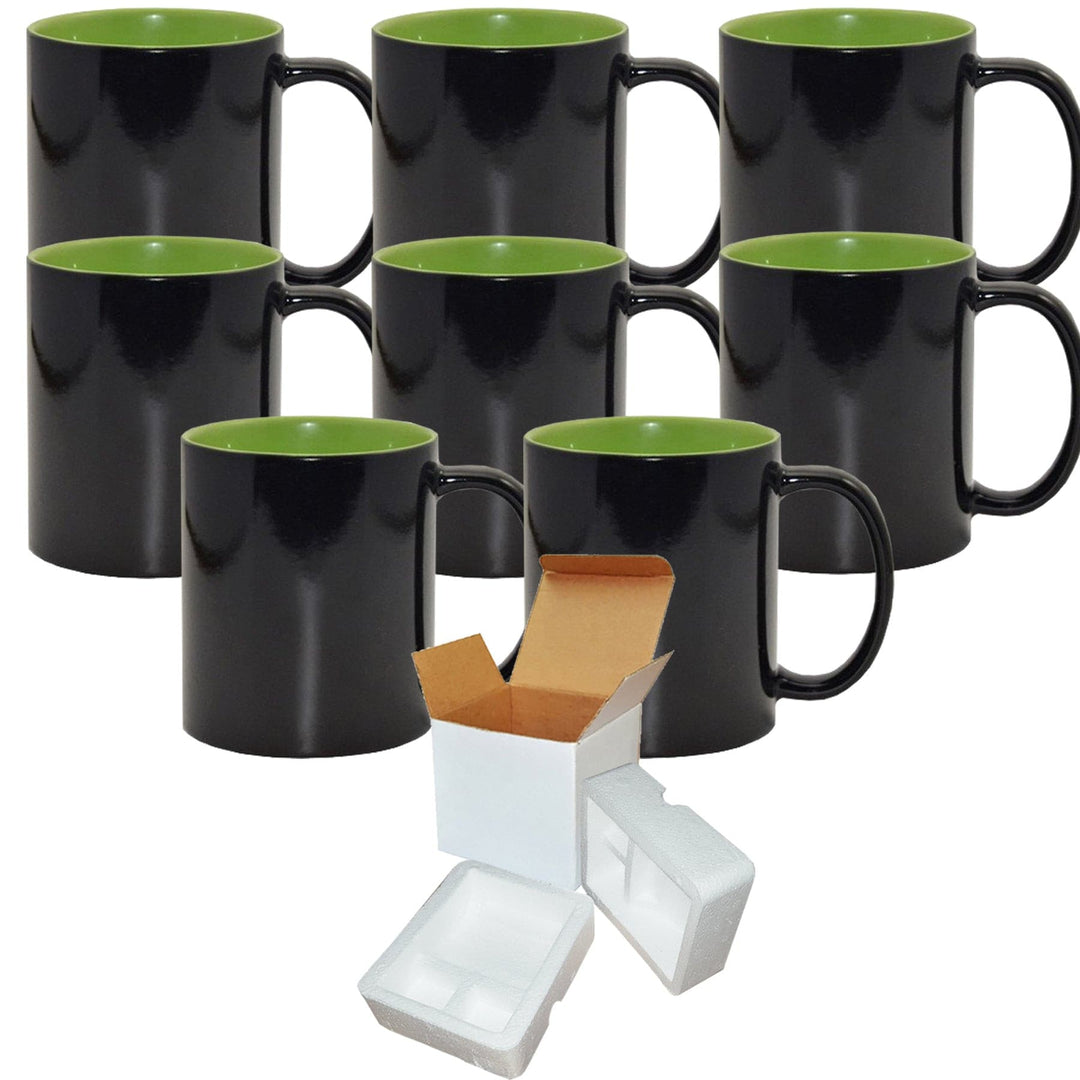 Color Changing Mug Set - 8 Pack (11oz) | Green Interior | Sublimation Heat Sensitive Mugs | Individually Packaged | Foam Support Boxes.