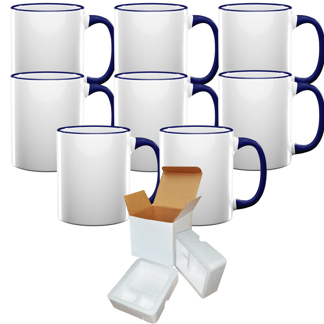 8 Pcs 11OZ Dark Blue Rim & Handle Sublimation Mugs With Foam Support Mug Shipping Boxes.