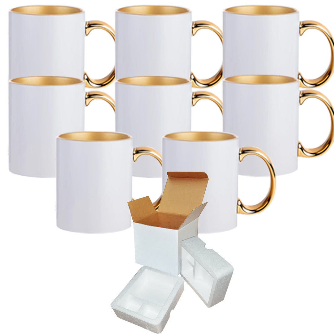 8 Pack 11 oz. Gold Inner and Handle Sublimation Mugs - Includes Foam Supports and Shipping Boxes.
