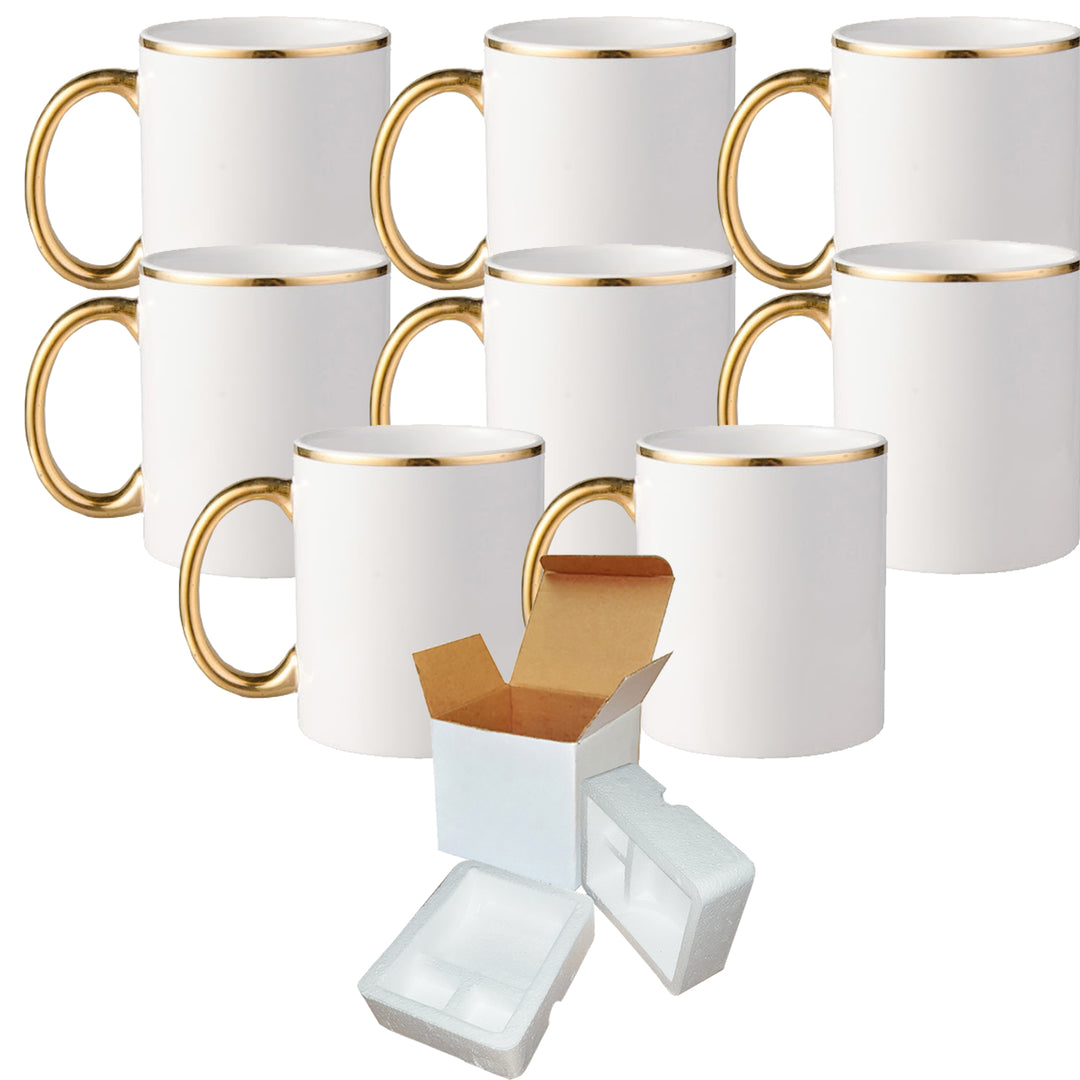 8-Piece 11oz Gold Rim & Handle Sublimation Mugs Set | Included Mug Shipping Boxes.