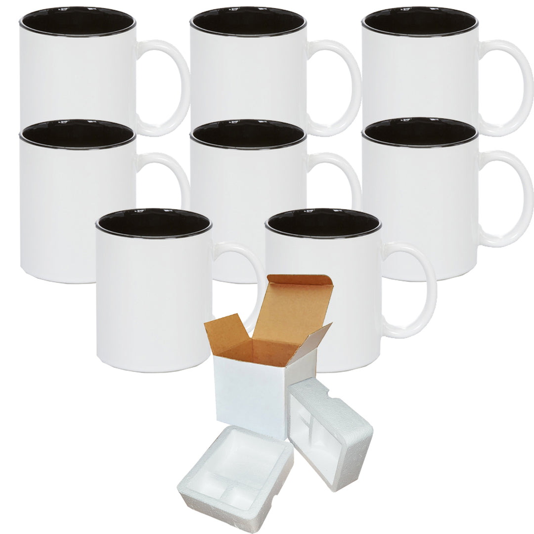 8 PACK - 11 oz. Ceramic Mug Set - Black Two-Tone - Foam Support Mug Shipping Boxes Included.