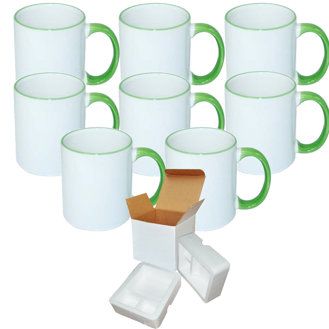 8-Pack of 11oz Light Green Rim & Handle Sublimation Mugs With Foam Support Mug Shipping Boxes.