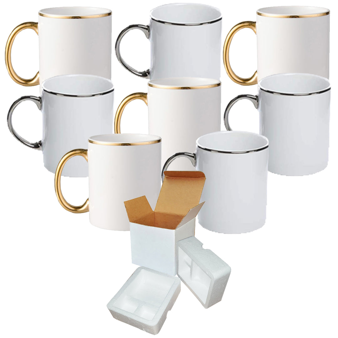 8-Pack 11 oz. Ceramic Sublimation Mugs with Mixed Gold & Silver Rim and Handle - Includes Mug Shipping Box with Foam Supports.