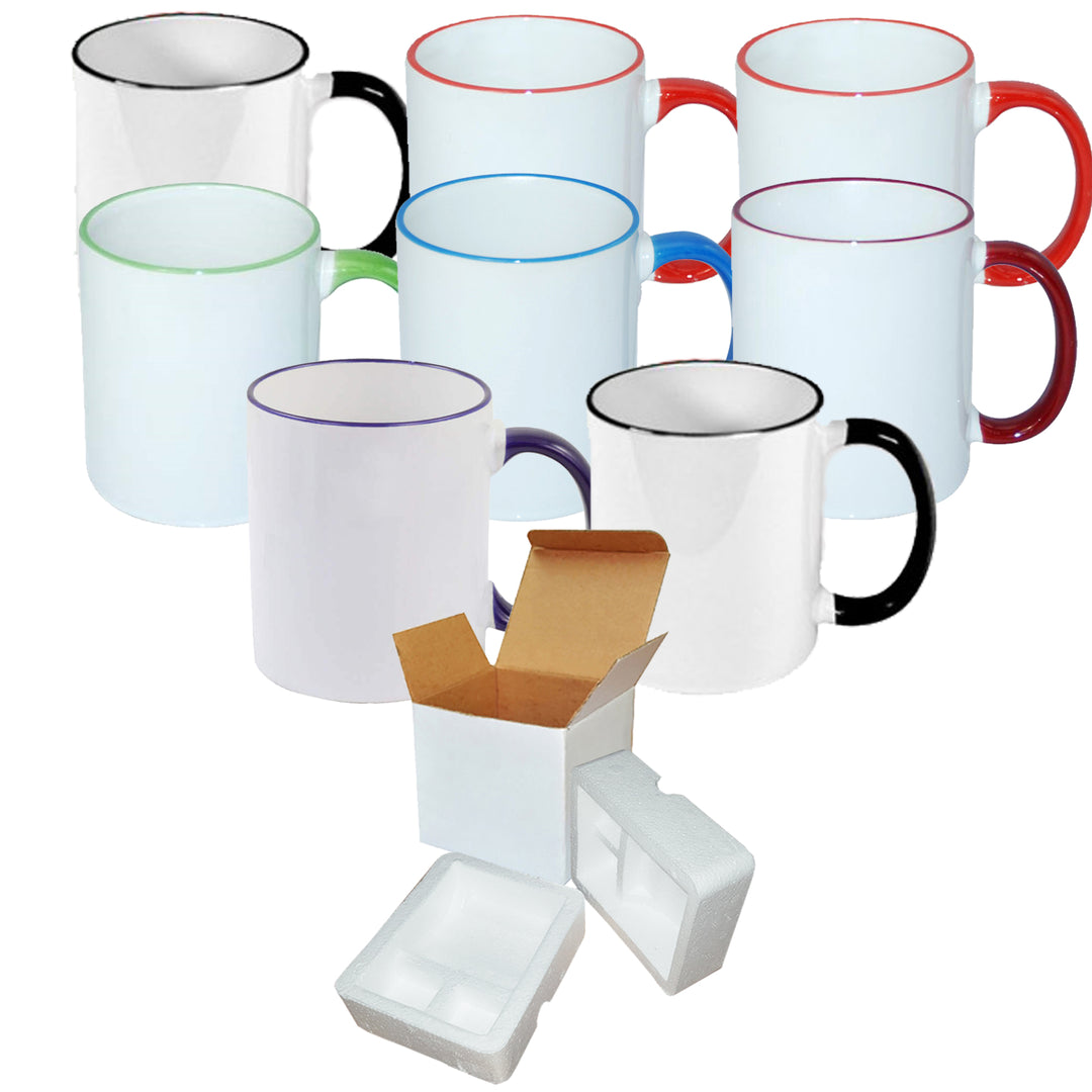 8-Pack of 11 oz. Sublimation Mugs with Mixed Color Rim & Handle - Includes Foam Support Mug Shipping Boxes.