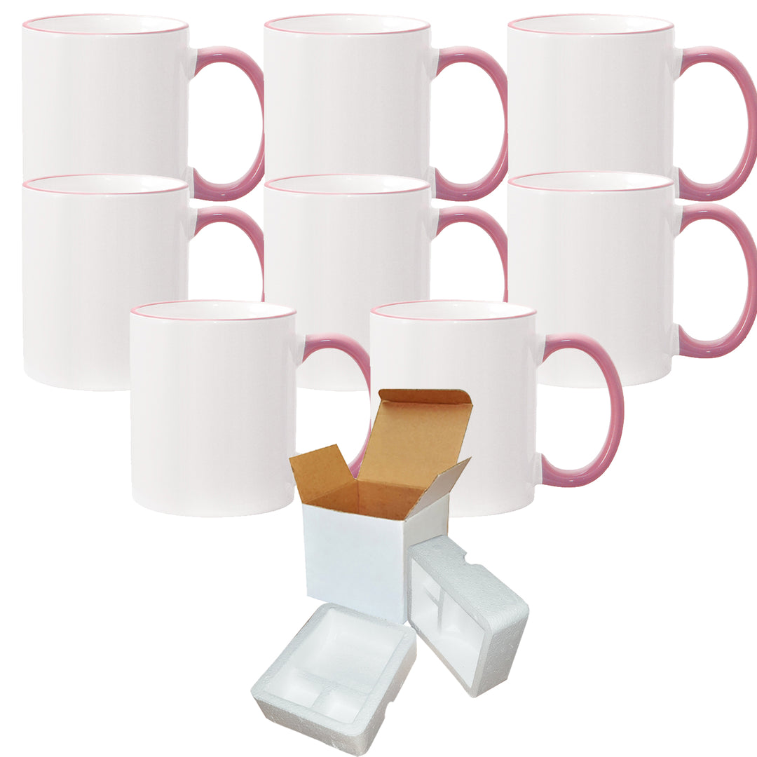 8-Piece 11oz Pink Rim & Handle Sublimation Mugs with Foam Support Mug Shipping Boxes.