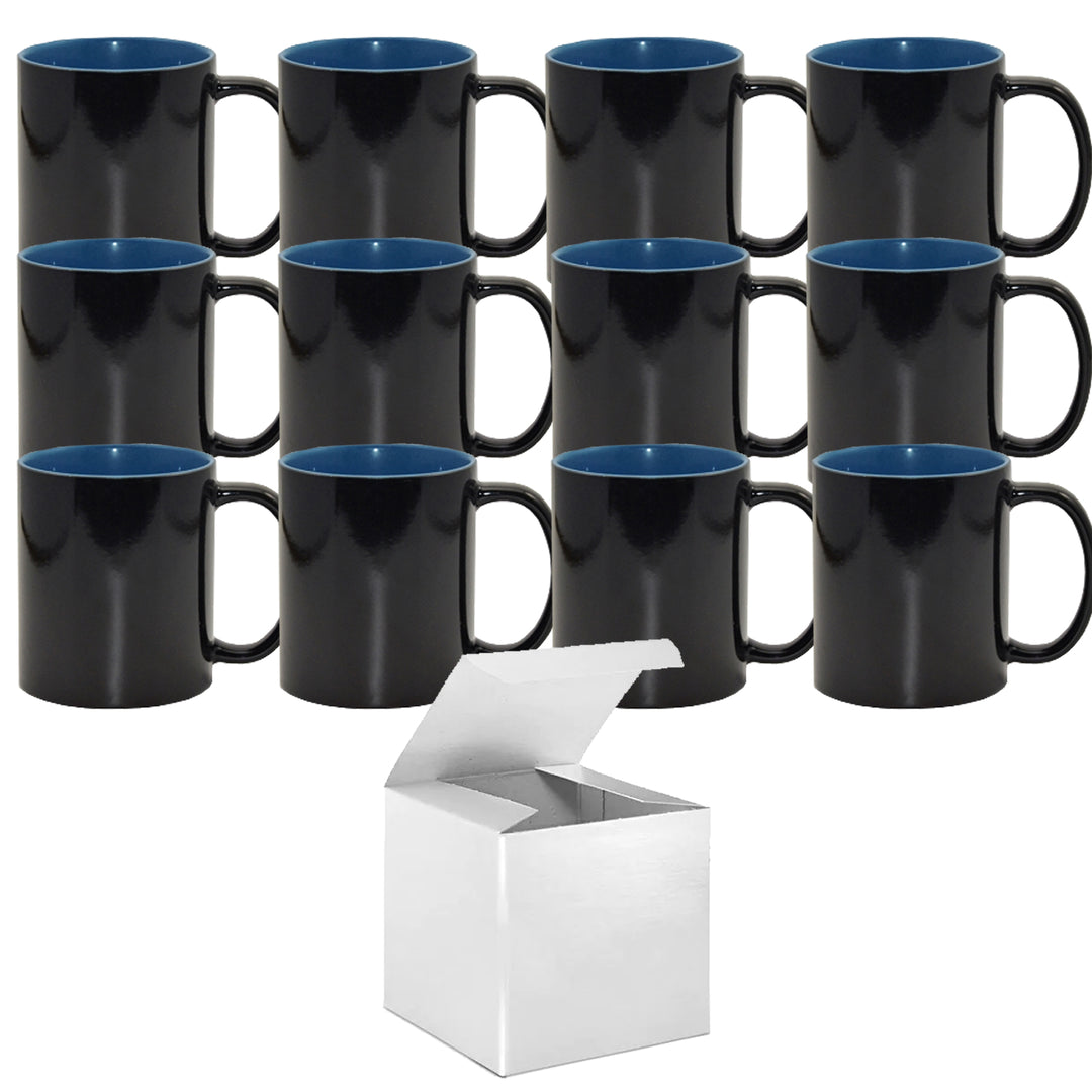 Set of 12 11 oz Color Changing Mugs BLUE INNER Professional Grade Sublimation Mug - Sublimation Series - With Individual White Gift Boxes.
