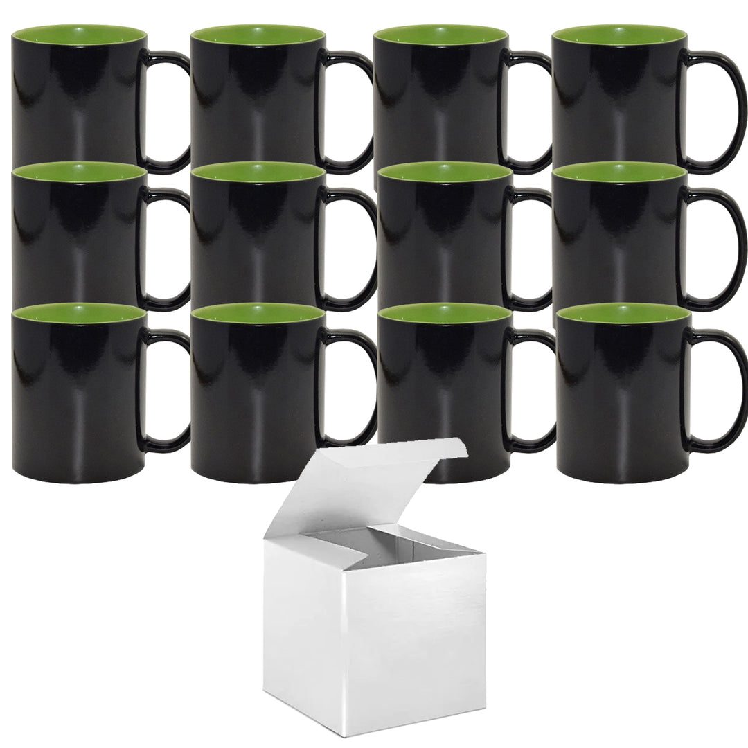 12-Pack of 11oz Color Changing Mugs with Green Inner - Sublimation Mug Set with Individual White Gift Boxes.