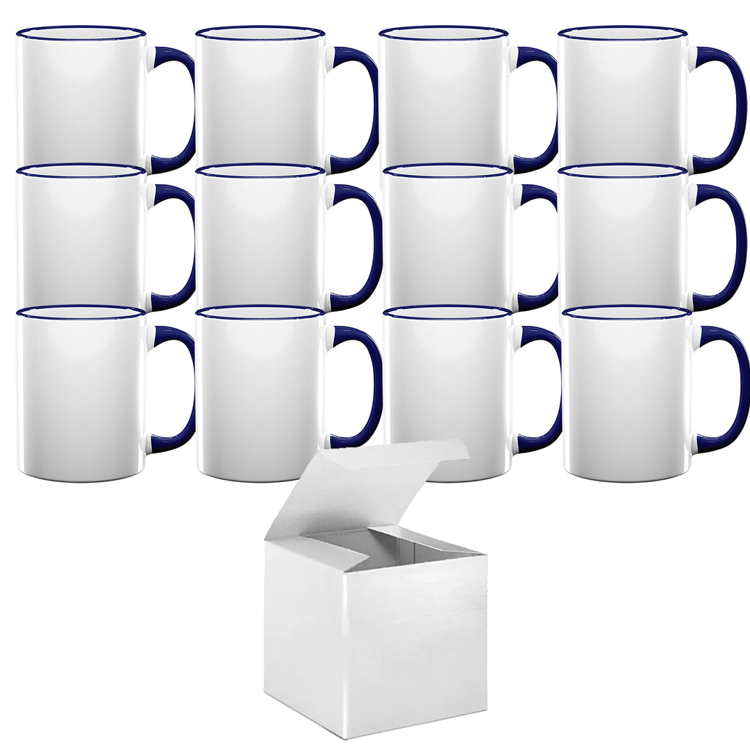 12-Piece Set: Dark Blue Rim & Handle Sublimation Mugs with White Gift Boxes.