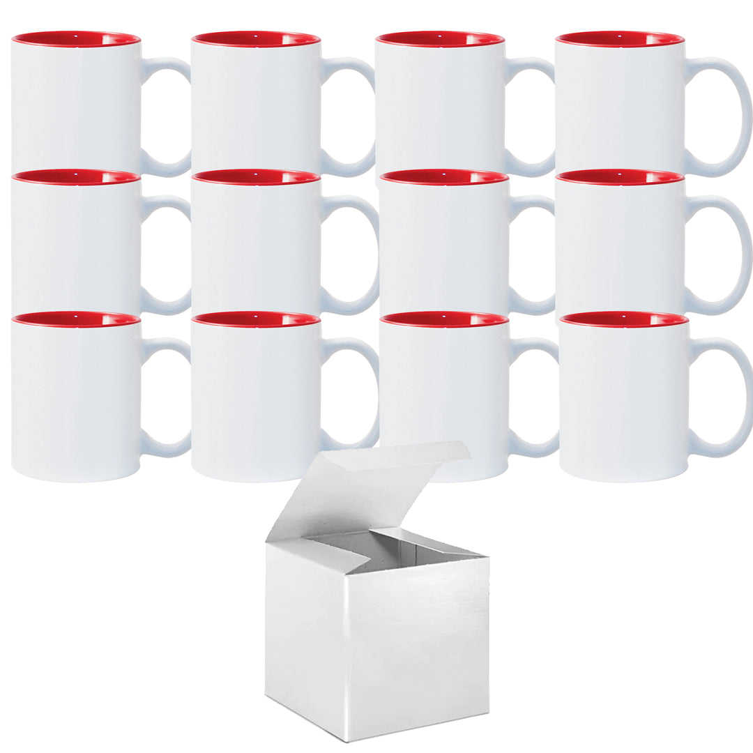12 PACK 11 oz. Ceramic Mug - Red Two-Tone Sublimation Blank Mugs - Red Inner and White Handle - Includes White Gift Boxes.