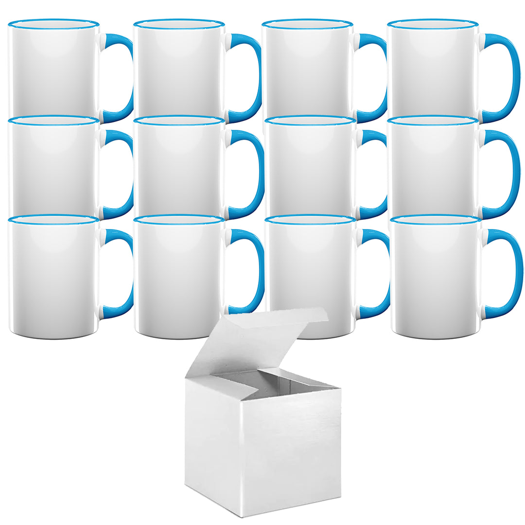 Set of 12 11OZ Light Blue Rim & Handle Sublimation Mugs with White Gift Boxes.