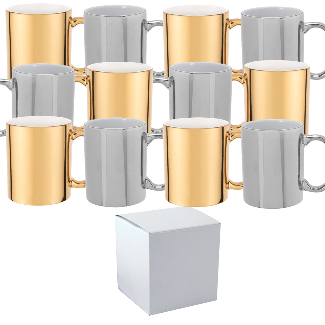 12-Pack 11 oz. Metallic Silver & Gold Sublimation Mugs with Mixed Outer & Handle - Includes White Mug Gift Boxes.