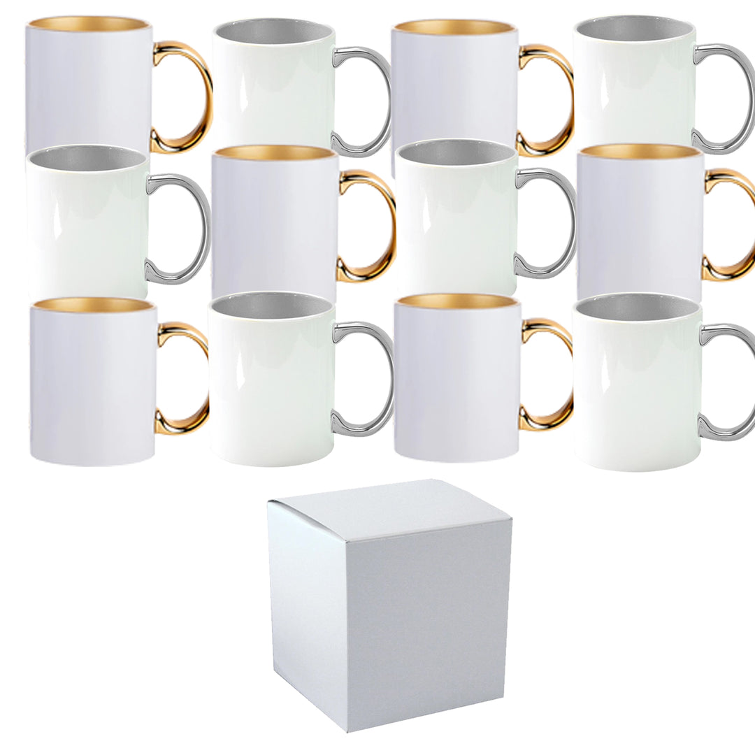 12-Pack of 11 oz. SILVER & GOLD Inner & Handle Ceramic Sublimation Mugs with White Mug Gift Boxes.