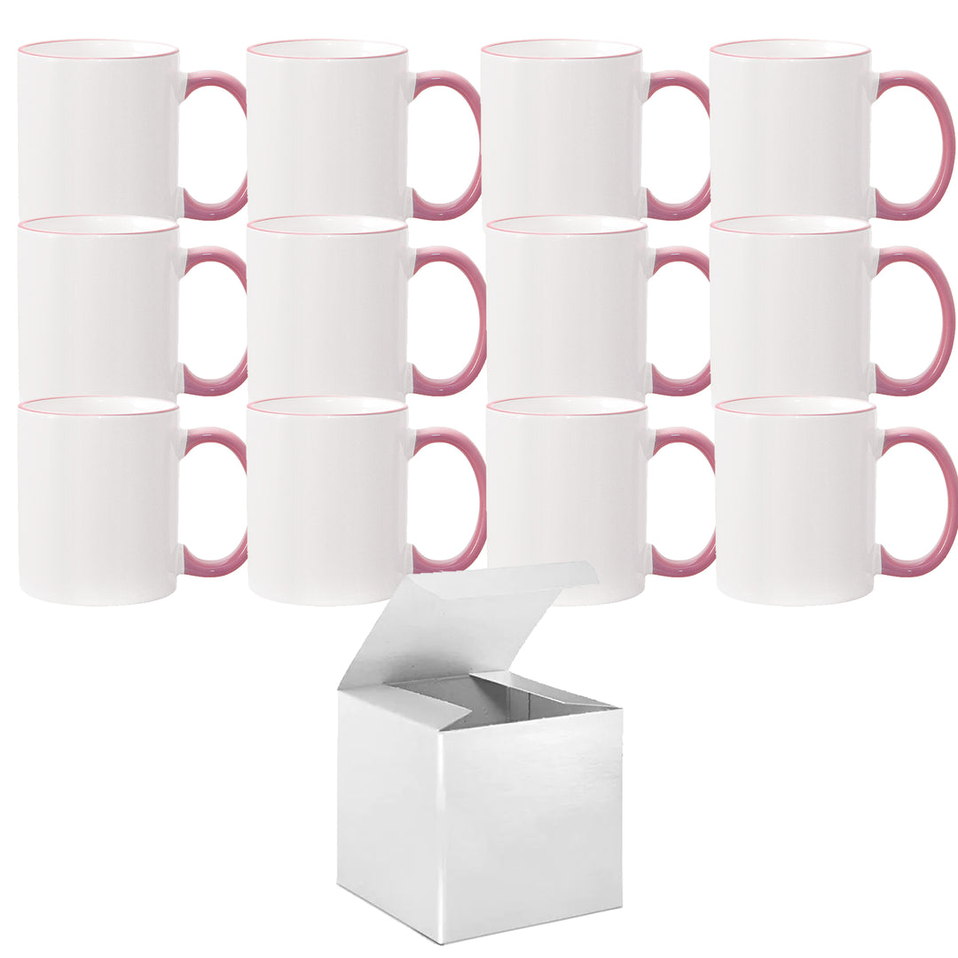 12-Piece Set: 11oz Pink Rim & Handle Sublimation Mugs with White Gift Boxes.