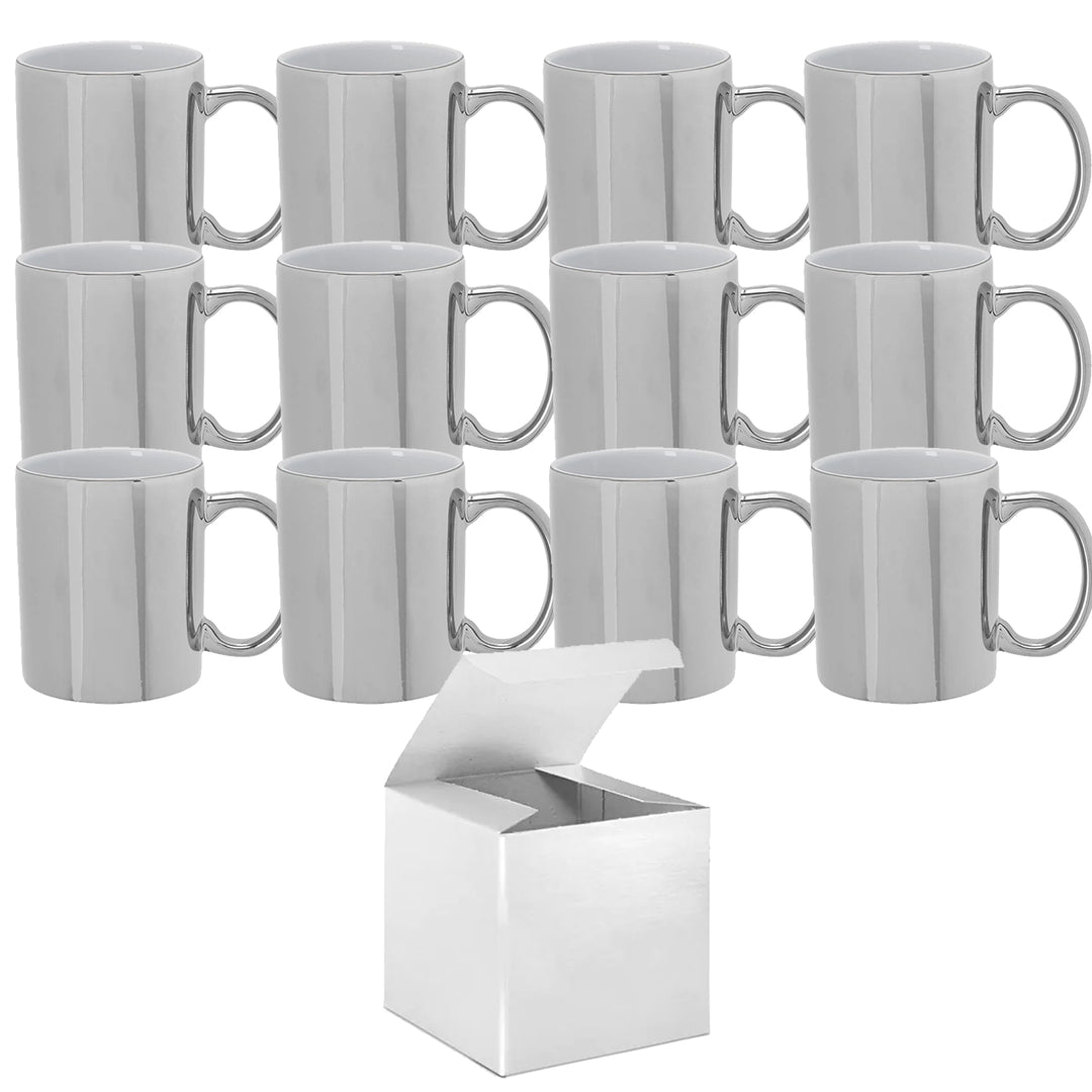 12-Pack of 11 oz. Metallic Silver Sublimation Mugs with White Gift Boxes.