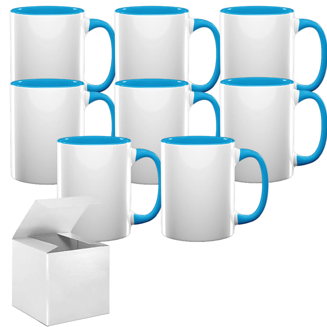 8-Pack of 15 oz El Grande Light Blue Inside & Handle Sublimation Mugs with Foam Support Mug Shipping Boxes.
