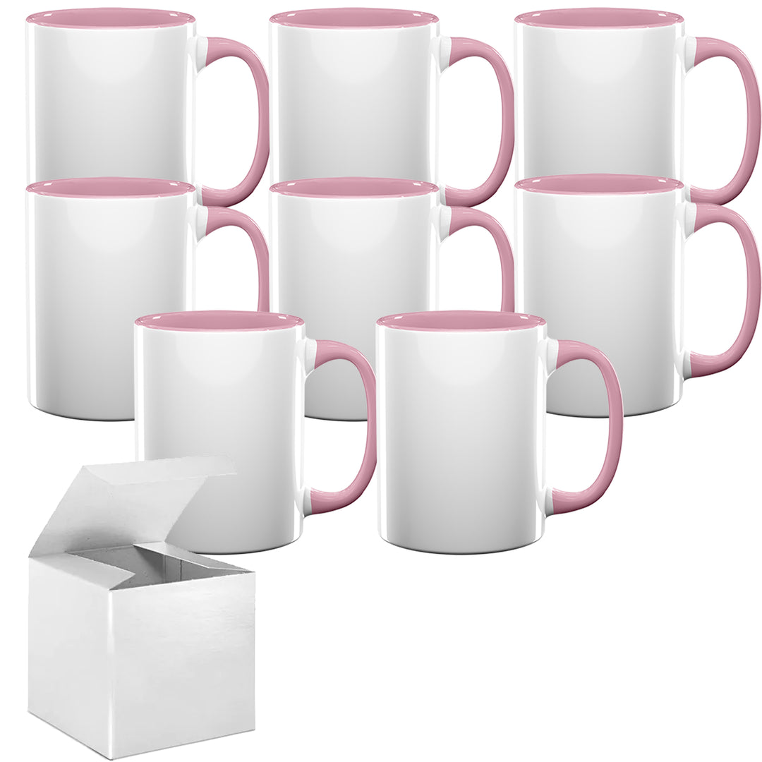 Set of 8 15 oz. El Grande Pink Sublimation Mugs with Foam Support Shipping Boxes.