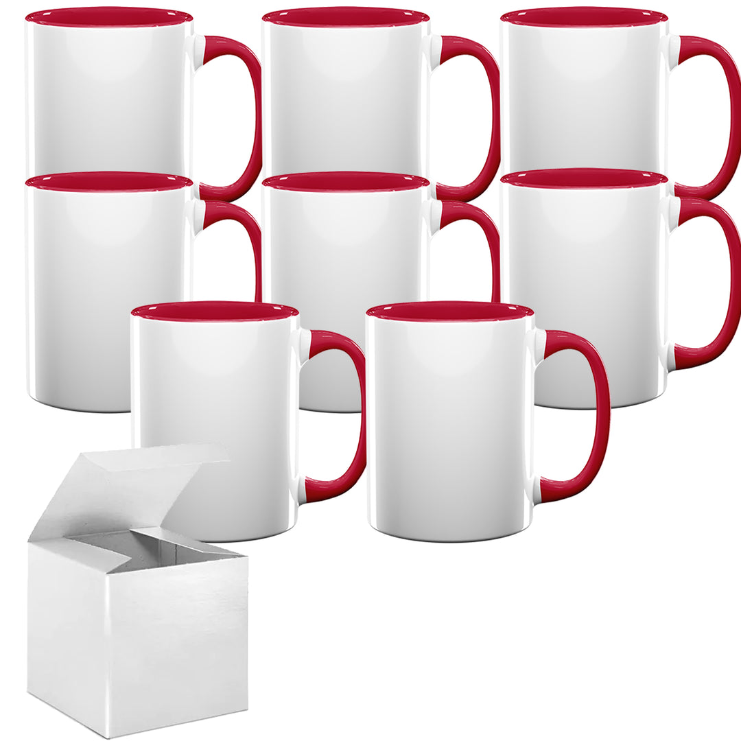8-Piece Set: 15oz El Grande Red Inside & Handle Sublimation Mugs with Foam Support Mug Shipping Boxes.