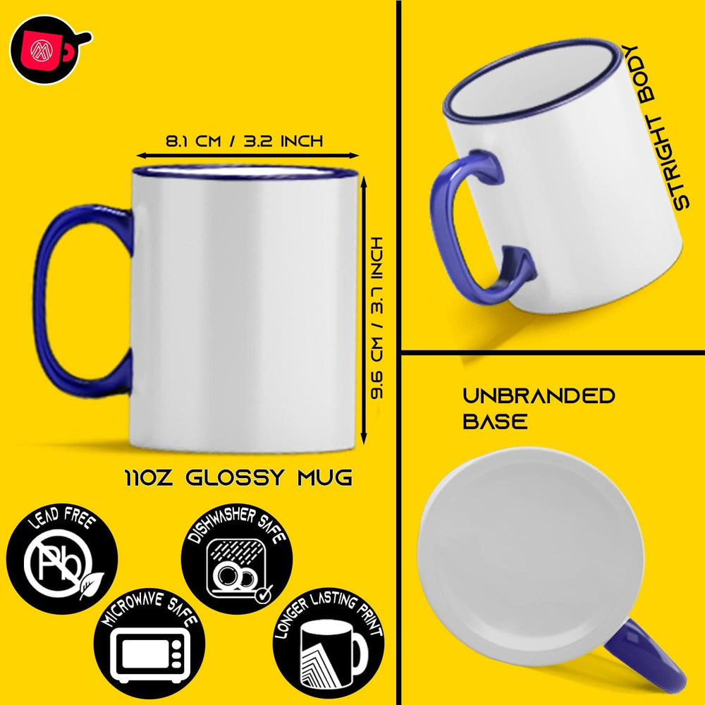 4 Pack (11oz) with Dark Blue Rim and Handle | Sublimation Mugs | Individual White Boxes.