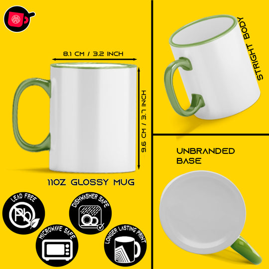12-Pack of 11oz Light Green Rim & Handle Sublimation Mugs with Foam Support Mug Shipping Boxes.