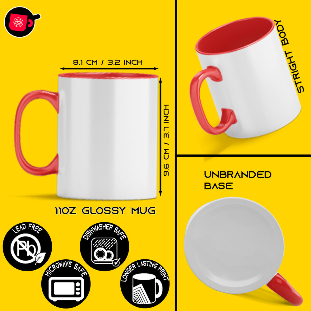 Case of 12: 11oz Red Inner & Handle Ceramic Sublimation Coffee Mugs - Foam Support & Shipping Boxes Included.