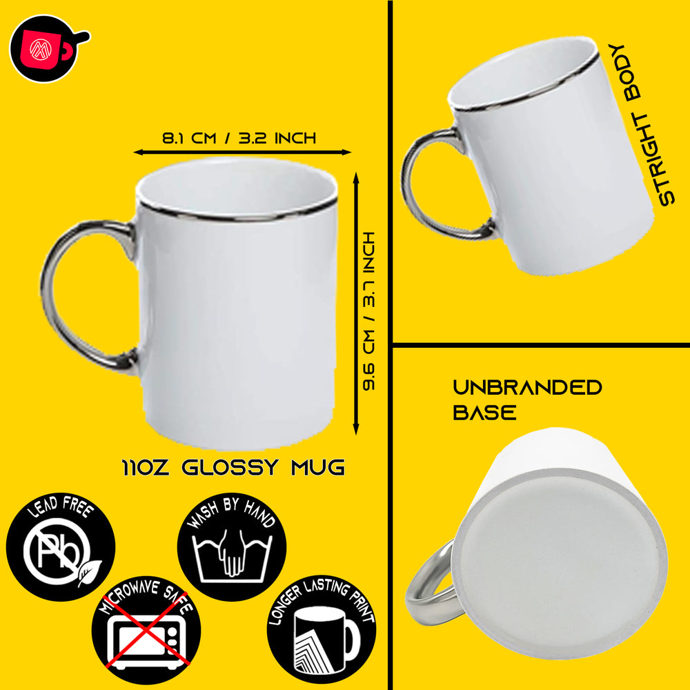 8-Pack of 11 oz. Ceramic Sublimation Mugs with SILVER Rim & Handle - Includes Foam Supports Mug Shipping Boxes.
