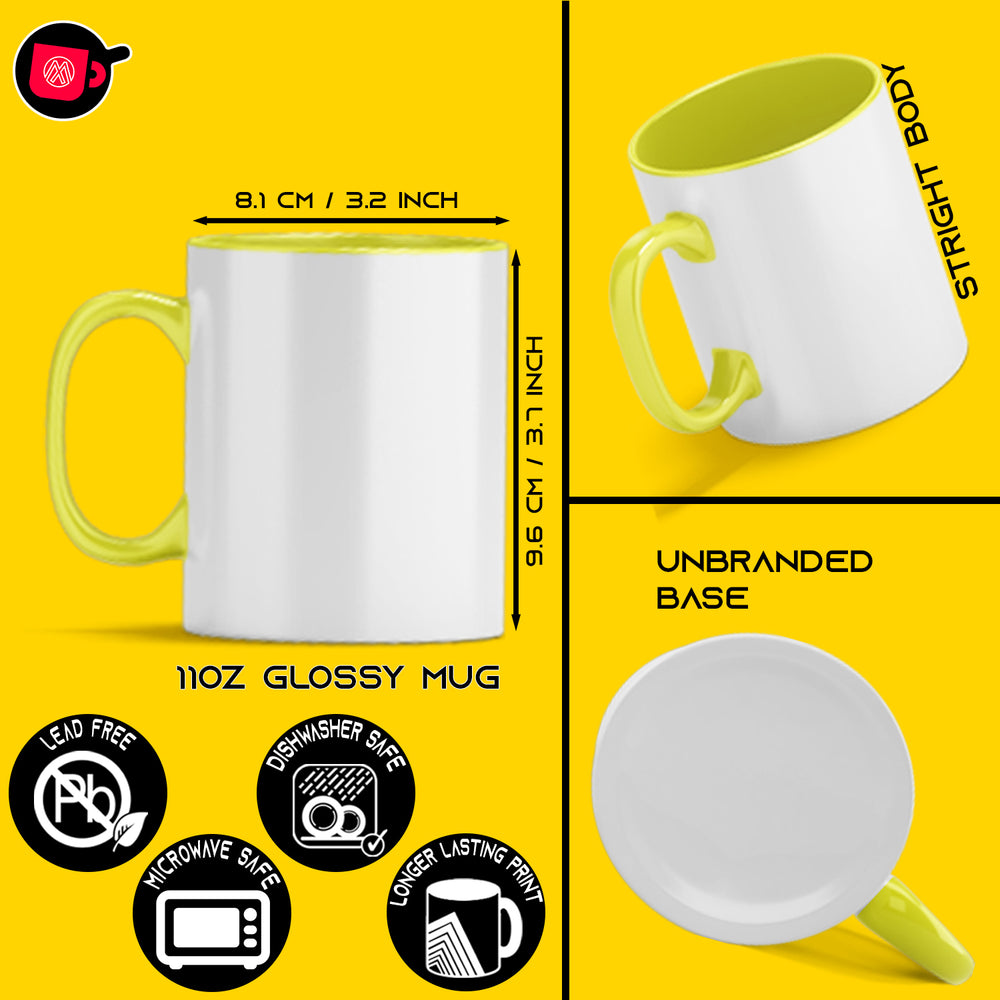 12-Piece Set of 11oz Yellow Inner & Handle Sublimation Mugs with Included Mug Gift Boxes.
